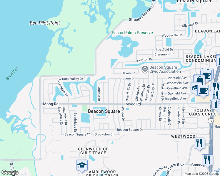 map of restaurants, bars, coffee shops, grocery stores, and more near 3635 Springfield Drive in Holiday