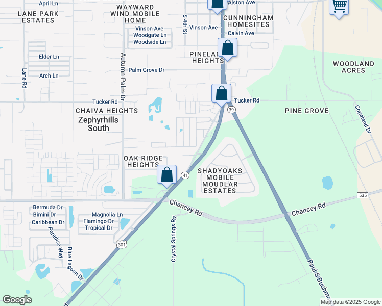 map of restaurants, bars, coffee shops, grocery stores, and more near 3907 Oakhurst Lane in Zephyrhills