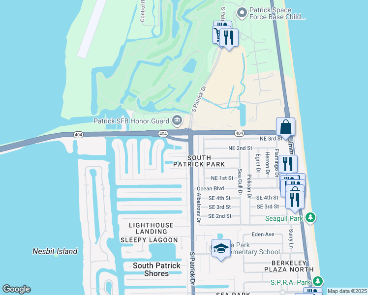 map of restaurants, bars, coffee shops, grocery stores, and more near 150 Meadowlark Lane in Satellite Beach