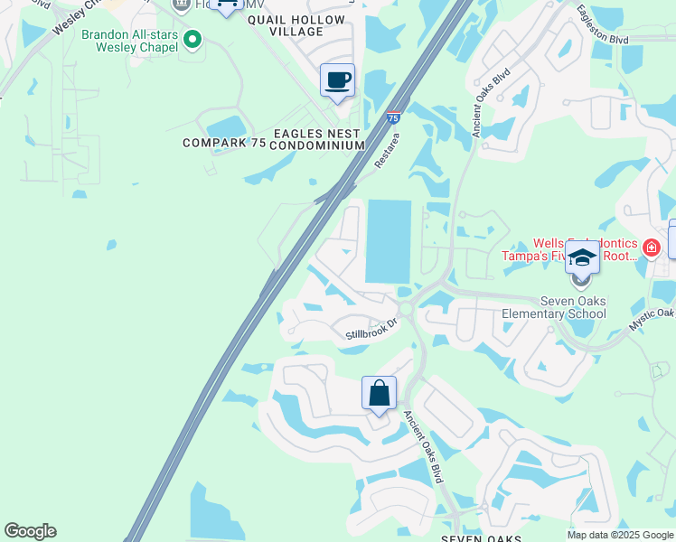 map of restaurants, bars, coffee shops, grocery stores, and more near 26915 Juniper Bay Drive in Wesley Chapel