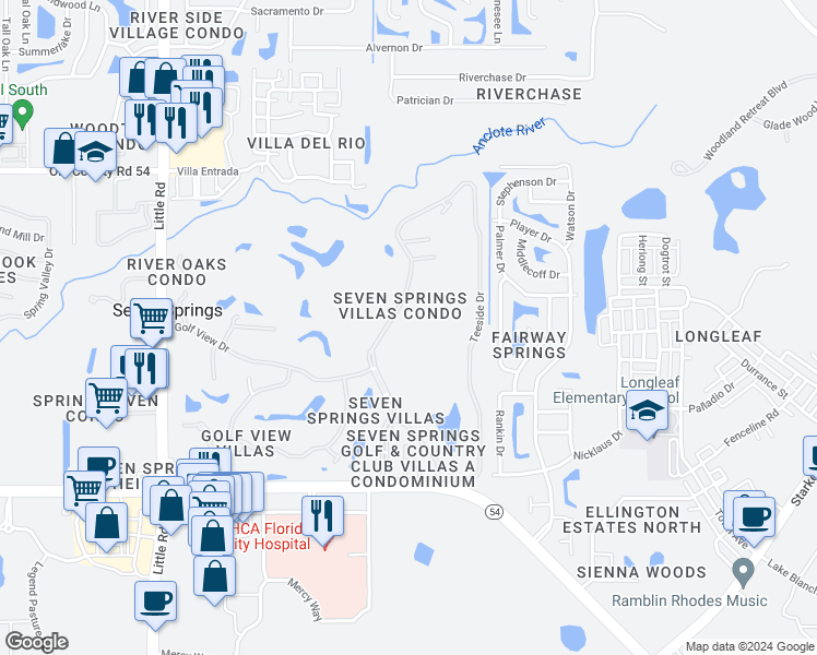 map of restaurants, bars, coffee shops, grocery stores, and more near 3652 Trophy Boulevard in New Port Richey