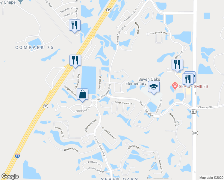 map of restaurants, bars, coffee shops, grocery stores, and more near 3747 Kalanchoe Place in Wesley Chapel
