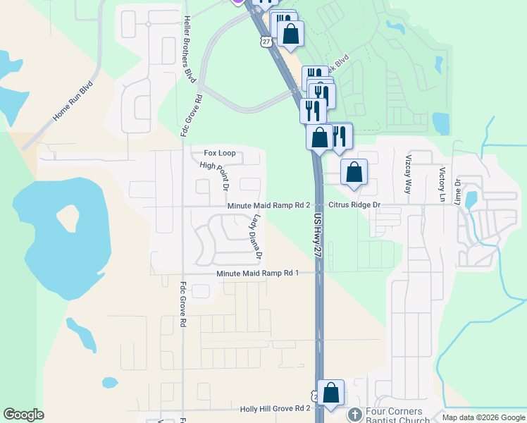 map of restaurants, bars, coffee shops, grocery stores, and more near 100 Lady Diana Drive in Davenport