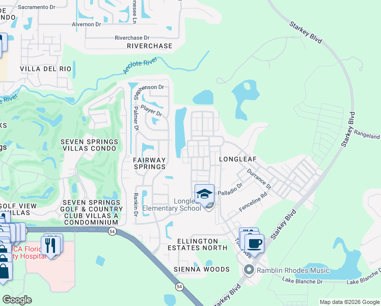 map of restaurants, bars, coffee shops, grocery stores, and more near 3626 Buffett Street in New Port Richey