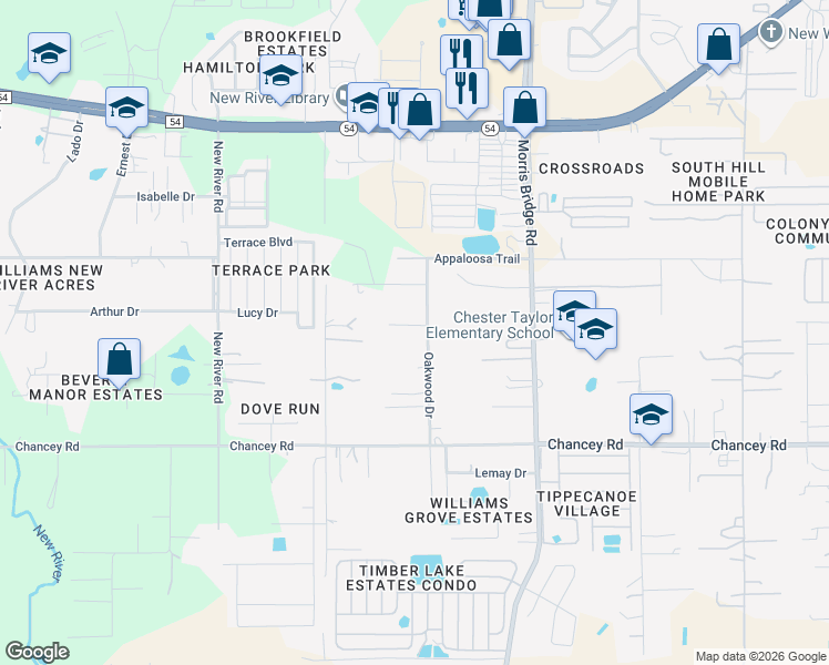 map of restaurants, bars, coffee shops, grocery stores, and more near 3737 Oakwood Drive in Zephyrhills