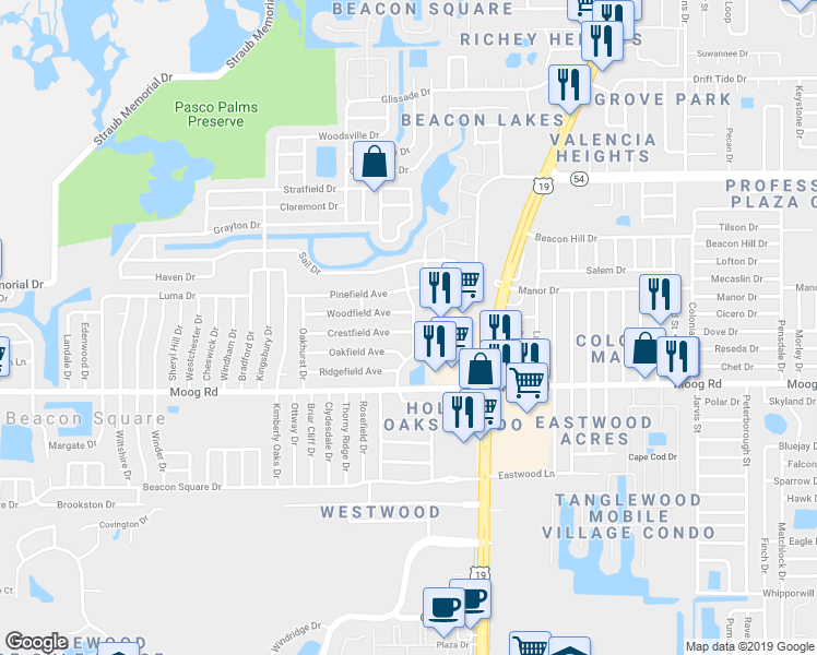 map of restaurants, bars, coffee shops, grocery stores, and more near 4323 Crestfield Avenue in Holiday