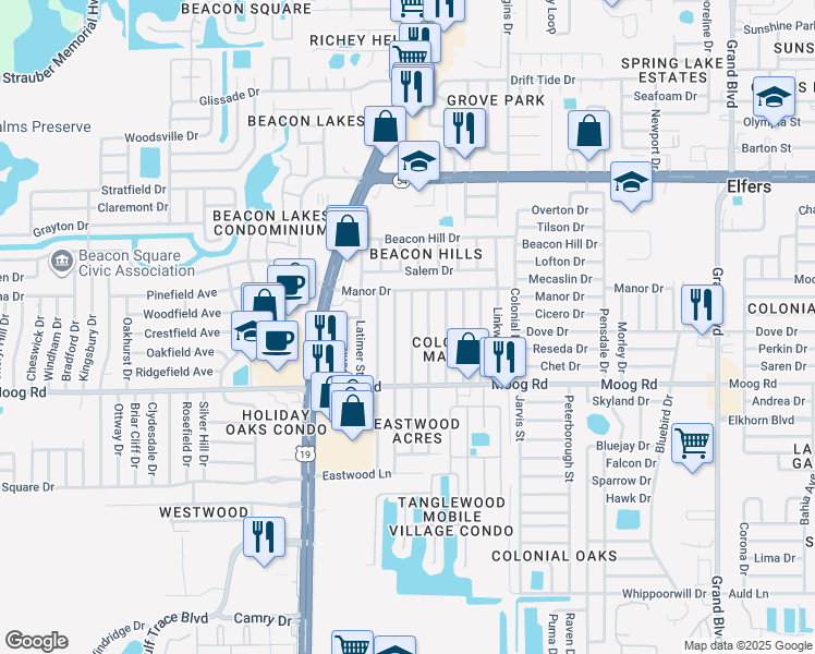 map of restaurants, bars, coffee shops, grocery stores, and more near 3628 Bedford Street in Port Richey