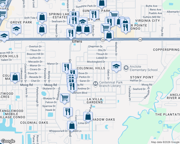 map of restaurants, bars, coffee shops, grocery stores, and more near 5650 Chipper Drive in New Port Richey