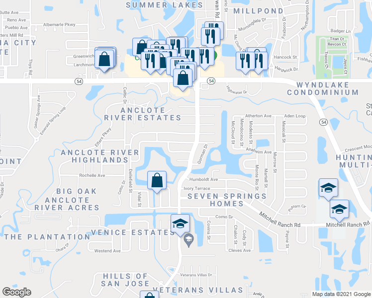 map of restaurants, bars, coffee shops, grocery stores, and more near 7309 Exemplar Drive in New Port Richey