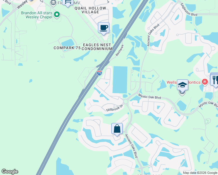 map of restaurants, bars, coffee shops, grocery stores, and more near 3752 Silverlake Way in Wesley Chapel
