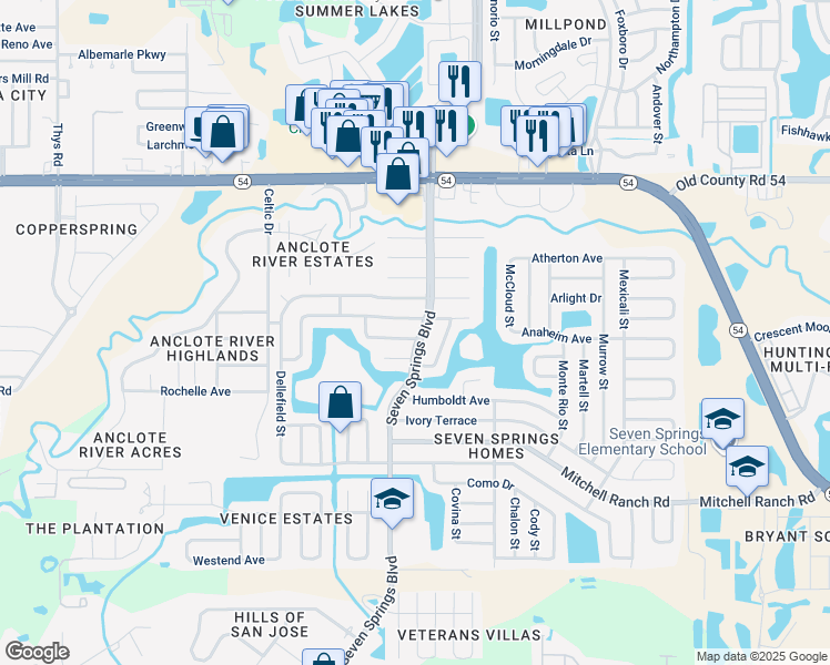 map of restaurants, bars, coffee shops, grocery stores, and more near 7314 Daggett Terrace in New Port Richey