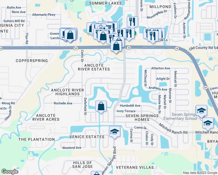 map of restaurants, bars, coffee shops, grocery stores, and more near 7221 Exemplar Drive in New Port Richey