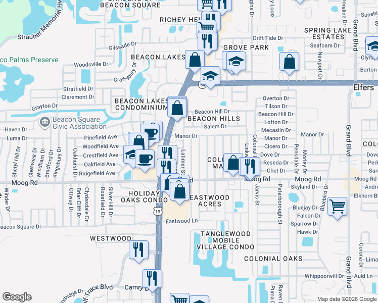 map of restaurants, bars, coffee shops, grocery stores, and more near 3625 Cantrell Street in NEW PRT RCHY
