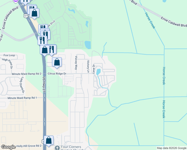 map of restaurants, bars, coffee shops, grocery stores, and more near 1 Citrus Ridge Drive in Davenport