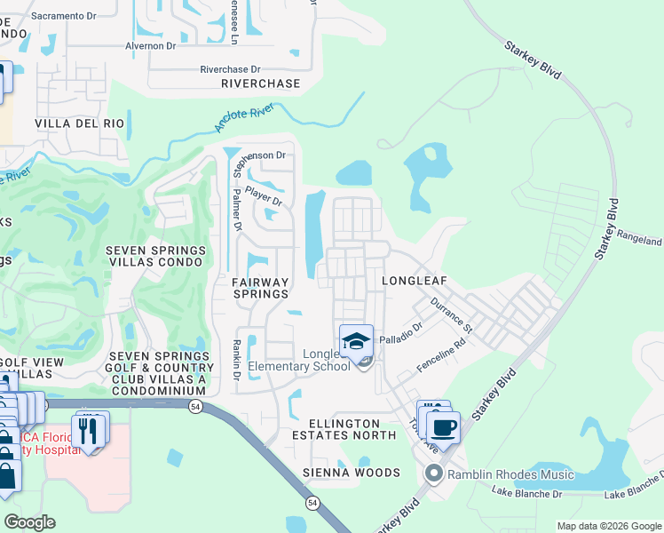 map of restaurants, bars, coffee shops, grocery stores, and more near 3626 Buffett Street in New Port Richey