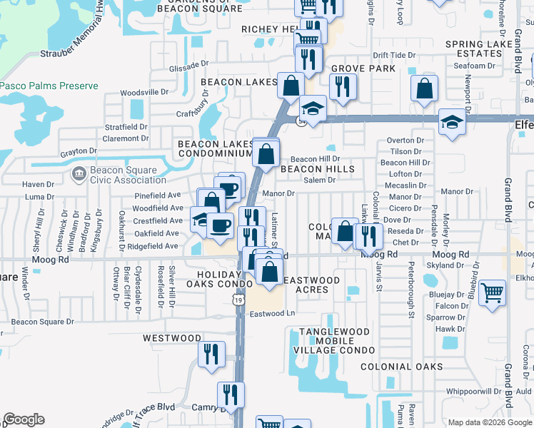 map of restaurants, bars, coffee shops, grocery stores, and more near 3631 Connon Drive in Port Richey