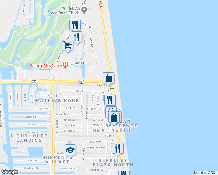 map of restaurants, bars, coffee shops, grocery stores, and more near 106 Florida A1A in Satellite Beach