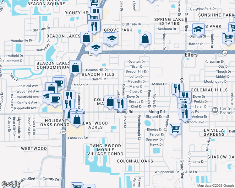 map of restaurants, bars, coffee shops, grocery stores, and more near 3625 Linkwood Street in Port Richey