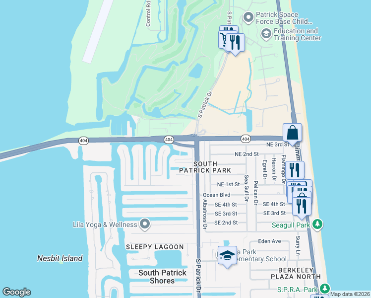 map of restaurants, bars, coffee shops, grocery stores, and more near 150 Meadowlark Lane in Satellite Beach