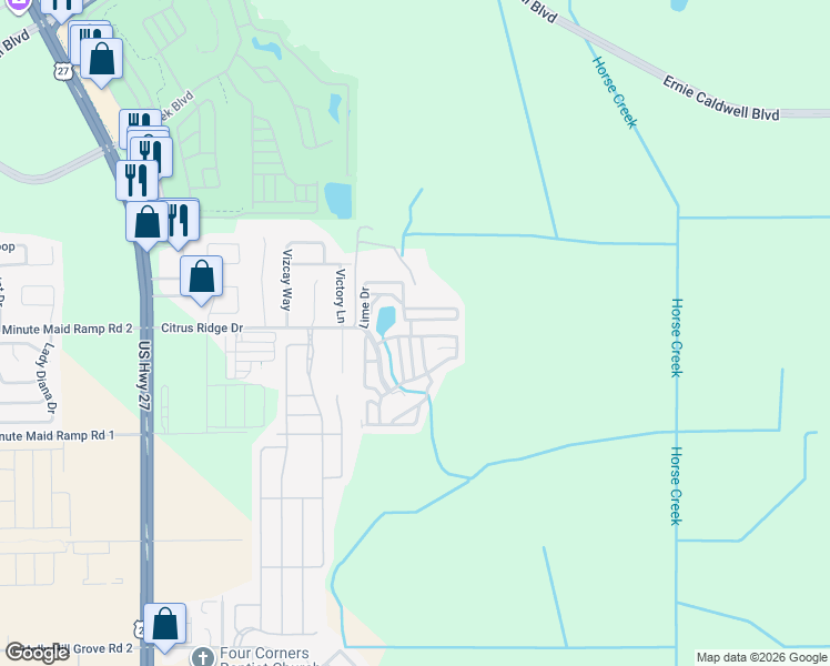 map of restaurants, bars, coffee shops, grocery stores, and more near 125 Citrus Ridge Drive in Davenport