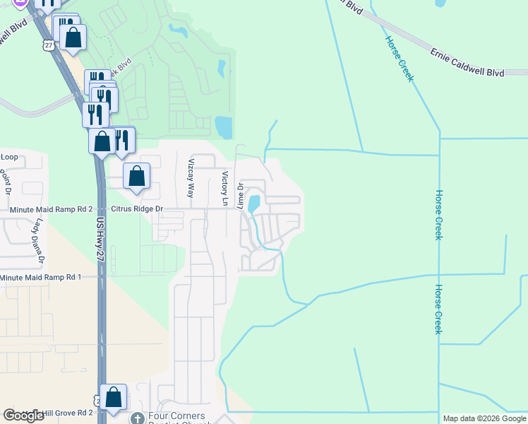 map of restaurants, bars, coffee shops, grocery stores, and more near 125 Citrus Ridge Drive in Davenport