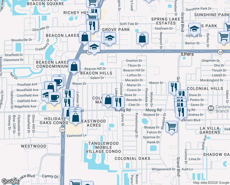 map of restaurants, bars, coffee shops, grocery stores, and more near 3625 Linkwood Street in Port Richey