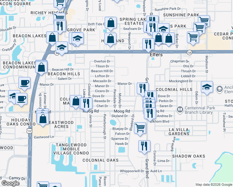 map of restaurants, bars, coffee shops, grocery stores, and more near 3624 Pensdale Drive in New Port Richey