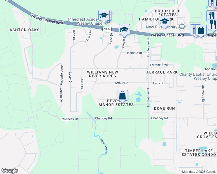 map of restaurants, bars, coffee shops, grocery stores, and more near 33332 Arthur Drive in Zephyrhills