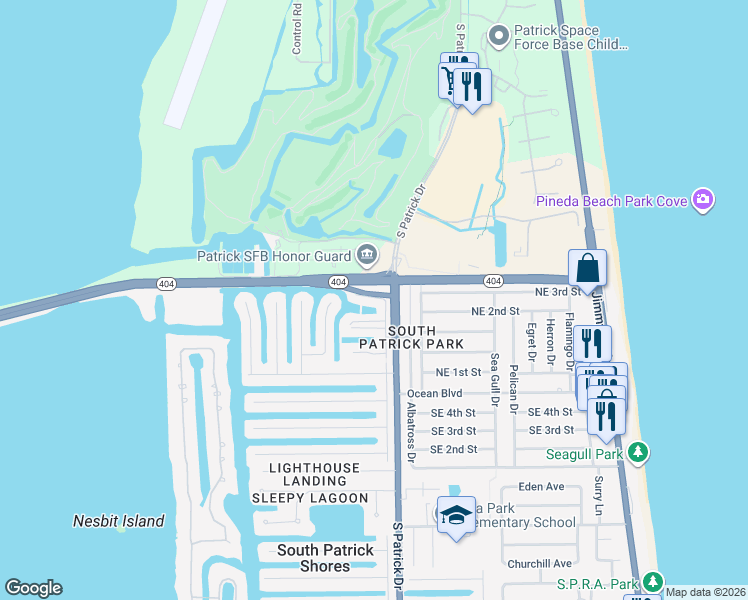 map of restaurants, bars, coffee shops, grocery stores, and more near 400 Meadowlark Lane in Satellite Beach