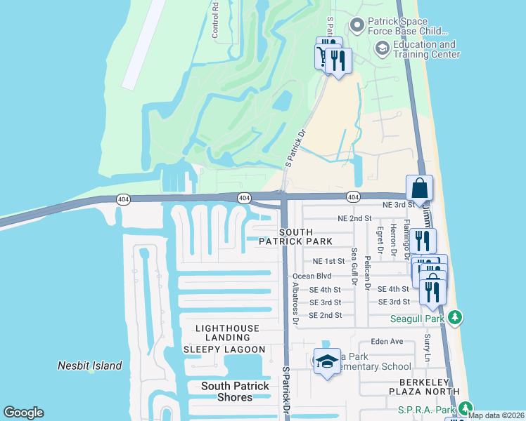 map of restaurants, bars, coffee shops, grocery stores, and more near 412 Meadowlark Lane in Satellite Beach