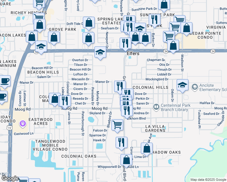 map of restaurants, bars, coffee shops, grocery stores, and more near 3618 Galway Drive in New Port Richey