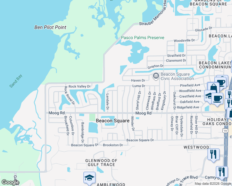 map of restaurants, bars, coffee shops, grocery stores, and more near 3635 Springfield Drive in Holiday