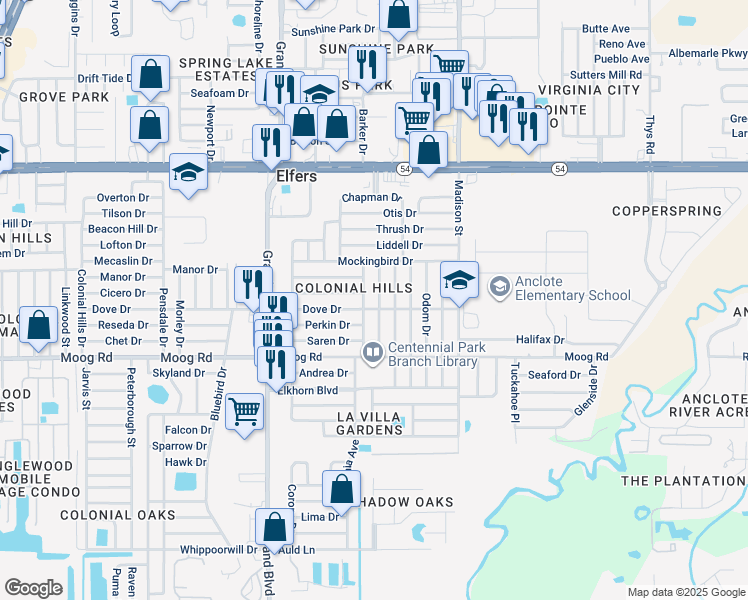 map of restaurants, bars, coffee shops, grocery stores, and more near 3625 Blackhawk Drive in New Port Richey