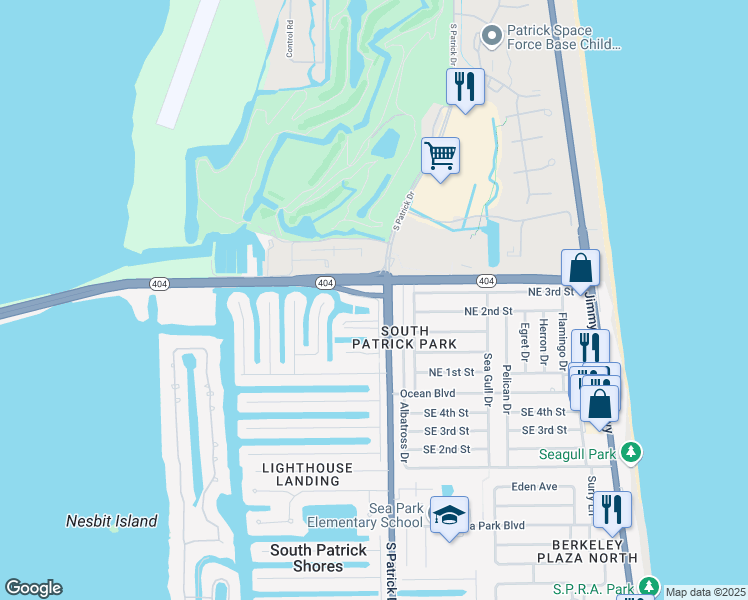 map of restaurants, bars, coffee shops, grocery stores, and more near 150 Meadowlark Lane in Satellite Beach