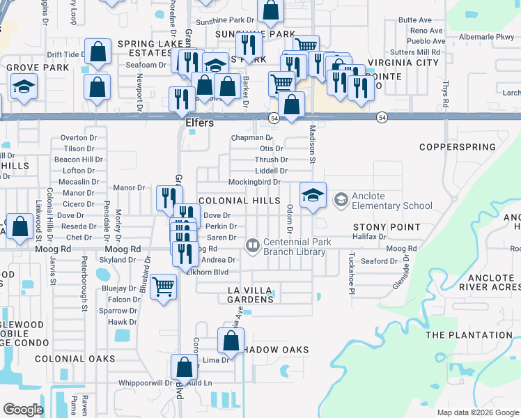 map of restaurants, bars, coffee shops, grocery stores, and more near 3625 Blackhawk Drive in New Port Richey