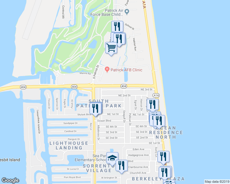 map of restaurants, bars, coffee shops, grocery stores, and more near 224 Northeast 3rd Street in Satellite Beach