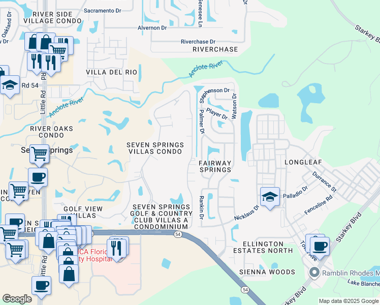 map of restaurants, bars, coffee shops, grocery stores, and more near 3629 Teeside Drive in New Port Richey