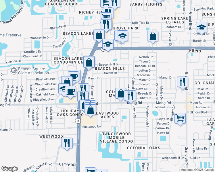 map of restaurants, bars, coffee shops, grocery stores, and more near 3628 Bedford Street in New Port Richey