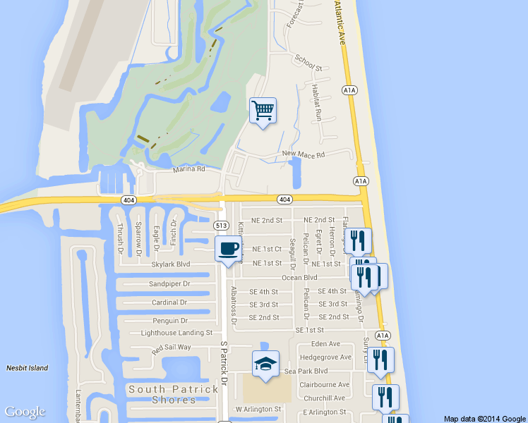 map of restaurants, bars, coffee shops, grocery stores, and more near 224 Northeast 3rd Street in Satellite Beach