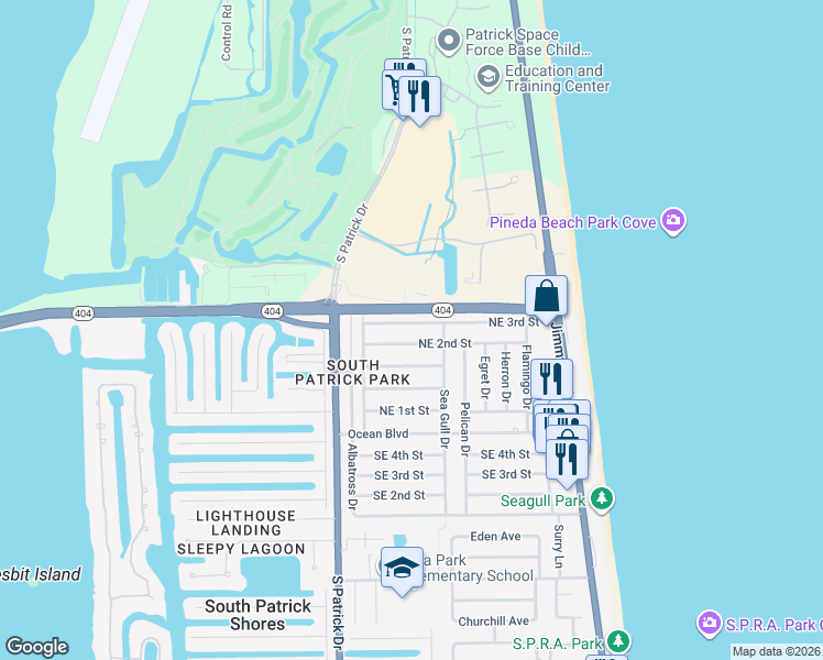 map of restaurants, bars, coffee shops, grocery stores, and more near 224 Northeast 3rd Street in Satellite Beach