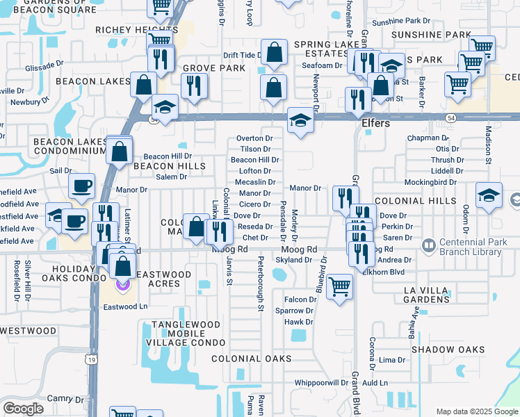 map of restaurants, bars, coffee shops, grocery stores, and more near 5120 Cicero Drive in New Port Richey