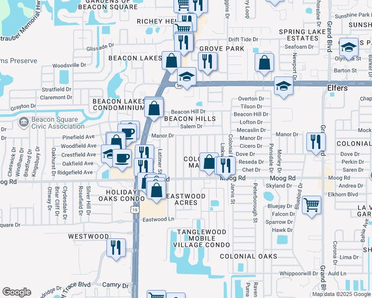 map of restaurants, bars, coffee shops, grocery stores, and more near 3628 Bedford Street in New Port Richey