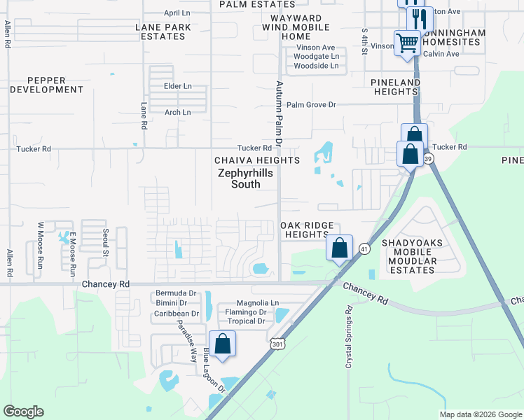map of restaurants, bars, coffee shops, grocery stores, and more near 3773 Autumn Palm Drive in Zephyrhills