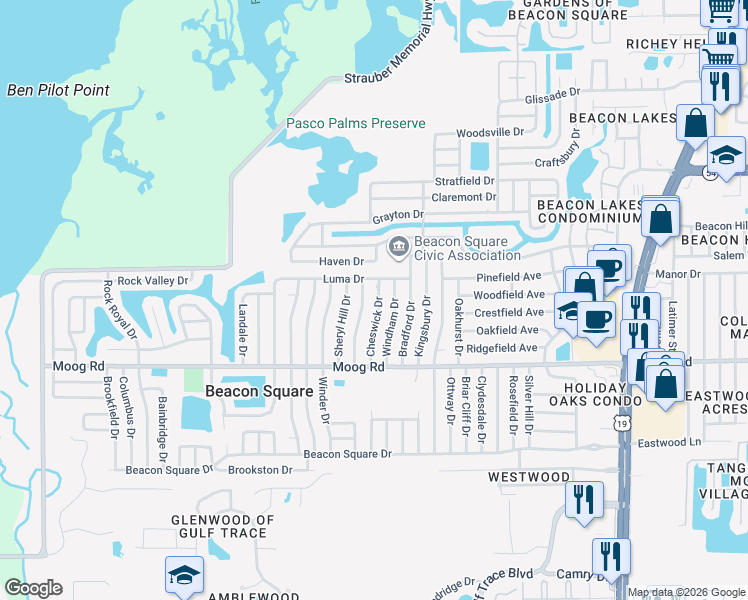 map of restaurants, bars, coffee shops, grocery stores, and more near 3637 Cheswick Drive in Holiday
