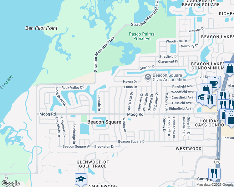 map of restaurants, bars, coffee shops, grocery stores, and more near 3636 Wiltshire Drive in Holiday