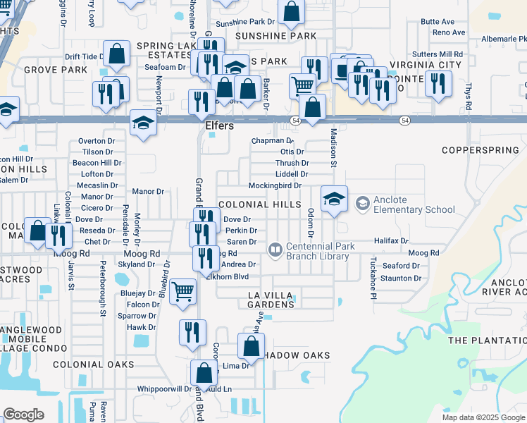 map of restaurants, bars, coffee shops, grocery stores, and more near 3625 Blackhawk Drive in New Port Richey