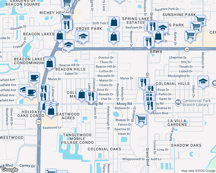 map of restaurants, bars, coffee shops, grocery stores, and more near 5120 Cicero Drive in New Port Richey