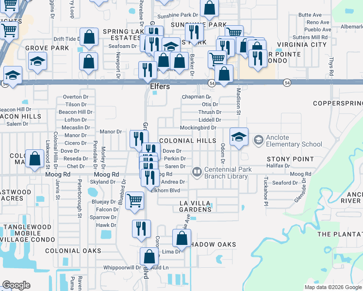 map of restaurants, bars, coffee shops, grocery stores, and more near 5650 Chipper Drive in New Port Richey
