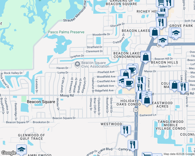 map of restaurants, bars, coffee shops, grocery stores, and more near 4116 Woodfield Avenue in Holiday