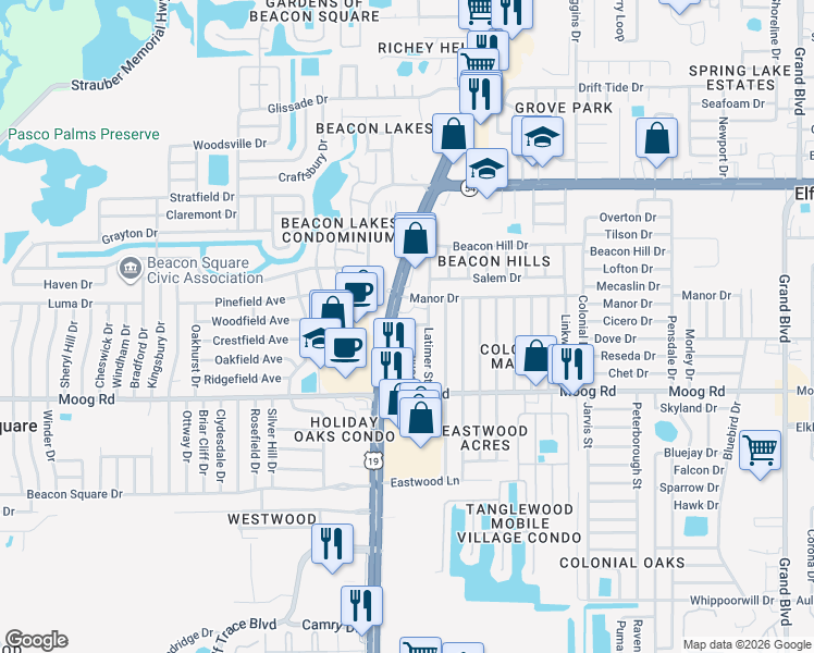 map of restaurants, bars, coffee shops, grocery stores, and more near 3631 Connon Drive in New Port Richey